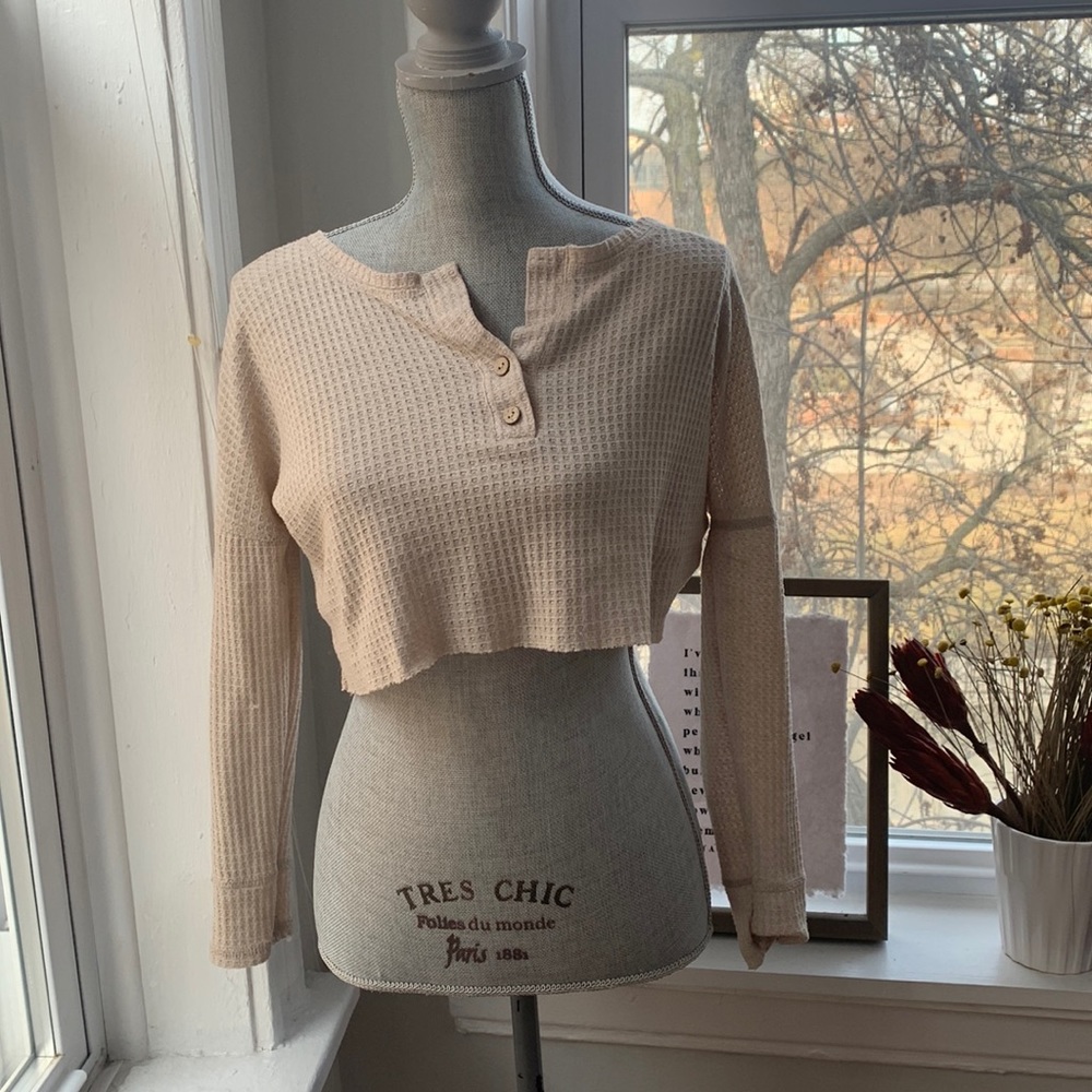 Free People Waffle along Sleeve Knit Crop Top